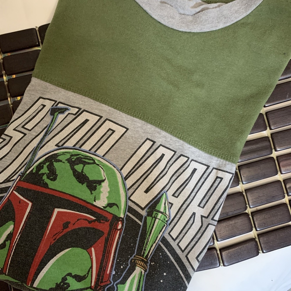Vintage Star‎ Wars Gray  Green Jersey T-Shirt Men's L Bobby Fett Iconic Helmet